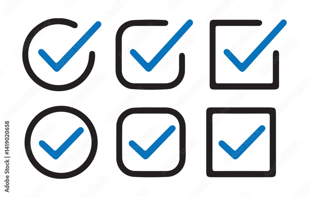 Checkmark icon. Blue checkmark vector set. Check box icon with correct, accept checkmark icons tick box checked. Checkmark icon. Blue checkmark vector set. Check box icon with correct, accept checkmark icons tick box checked.