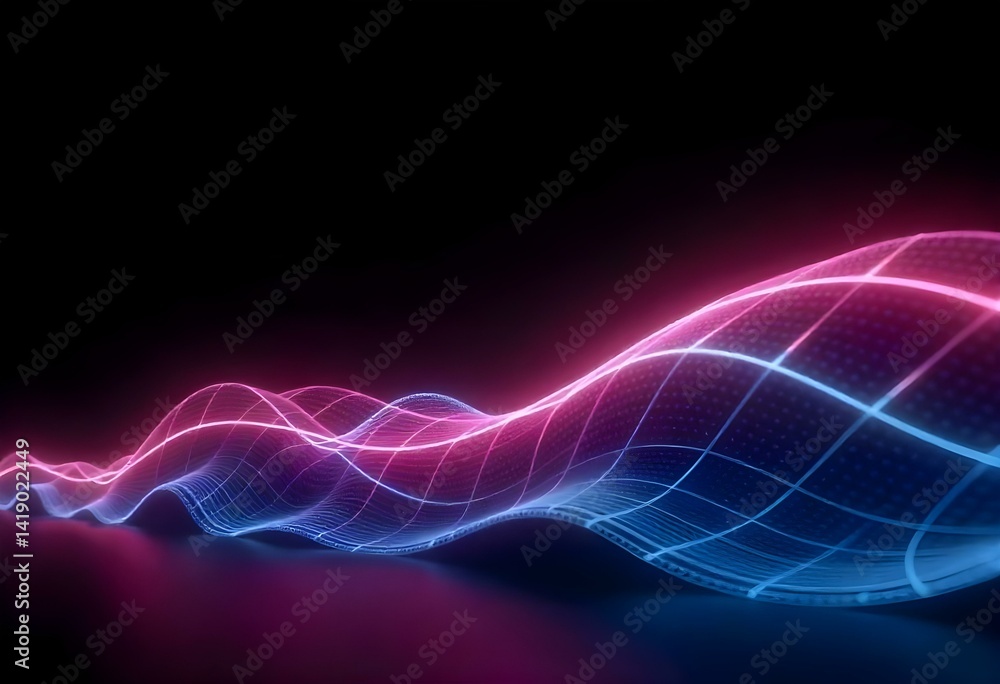 Obraz premium Abstract neon glowing waves in pink and blue colors, grid pattern, dark background, smooth surface with reflections,