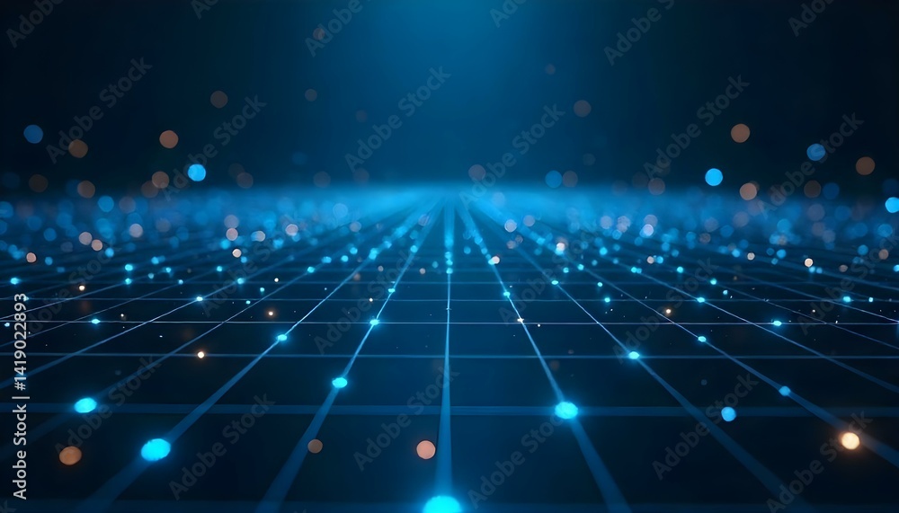 Obraz premium Blue grid with glowing dots and lines, creating a futuristic and technological atmosphere, with a dark background and bokeh effects