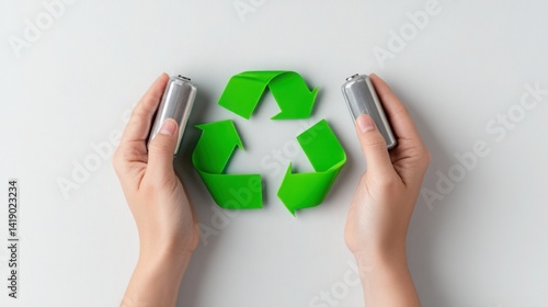 Obraz na płótnie Battery Recycling Day has a large bright green arrow in the center that forms a circular recycling symbol. w salonie