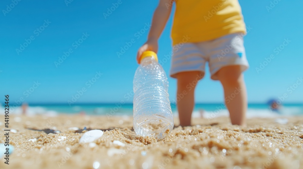 Children collect discarded plastic water bottles from a sandy beach.