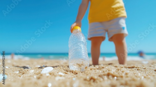 Obraz na płótnie Children collect discarded plastic water bottles from a sandy beach. w salonie
