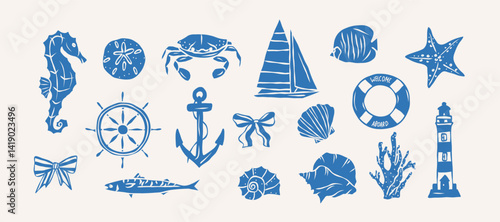 Flat vector retro doodle nautical collection