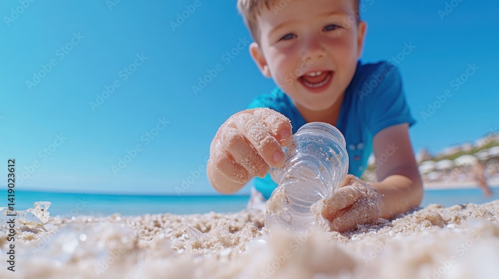 Children collect discarded plastic water bottles from a sandy beach.