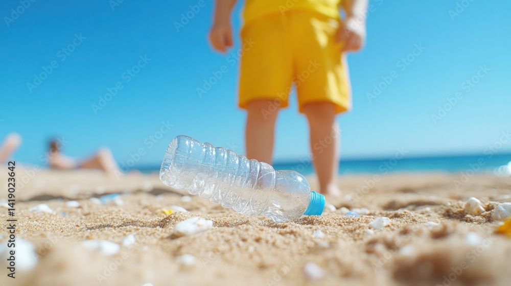 Children collect discarded plastic water bottles from a sandy beach.