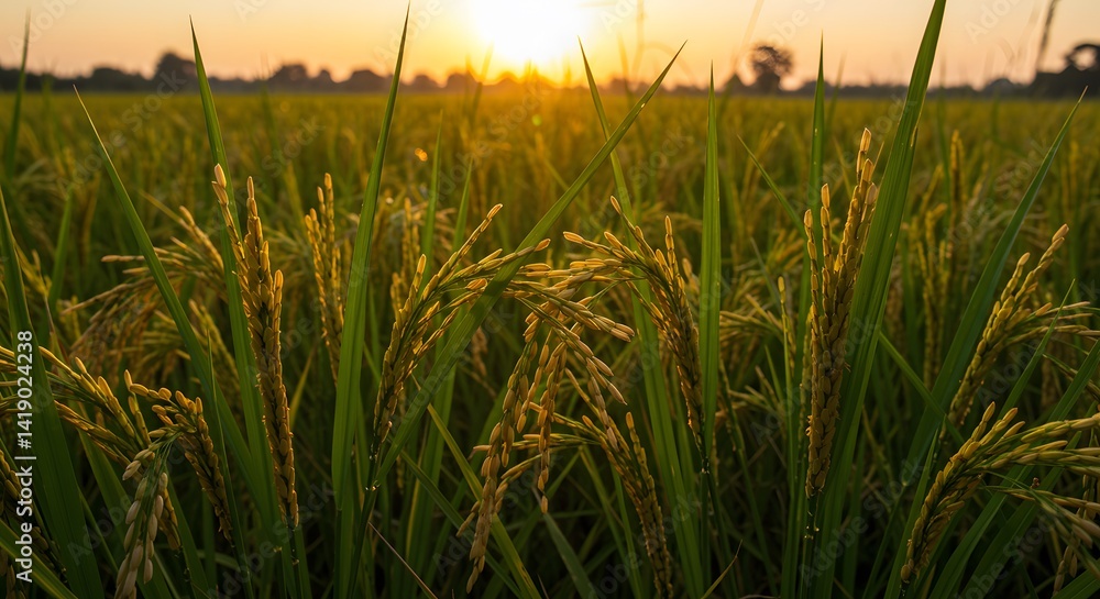 Fototapeta premium Golden Rice Field at Sunset: A Breathtaking View of Nature's Bounty