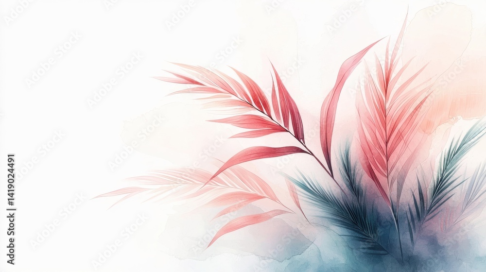 Obraz premium A soft and artistic illustration featuring delicate leaves in shades of pink and green against a light background, creating a serene and tranquil atmosphere.