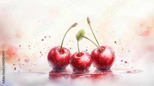 Three vibrant cherries with glistening surfaces, surrounded by soft watercolor splashes, creating a fresh and artistic composition.