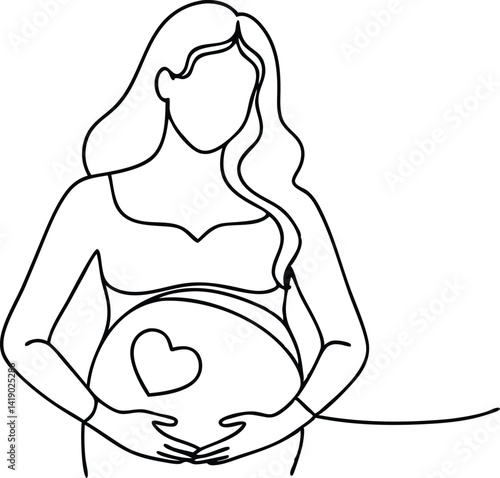 Continuous Line Art Pregnant Woman Silhouette with Heart on Belly, Minimalist Design