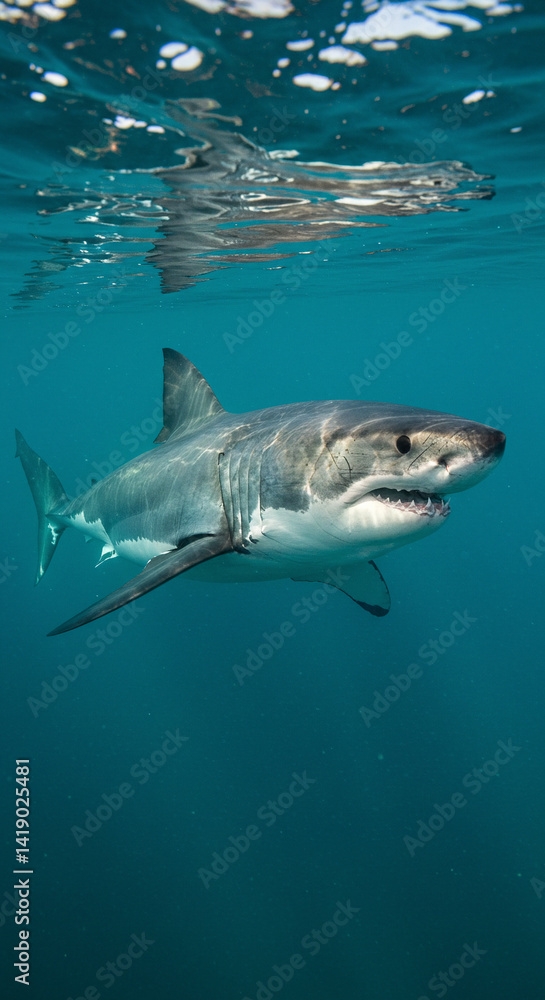 Fototapeta premium Great White Shark Swimming Underwater in Ocean