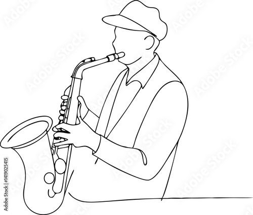 Continuous Line Drawing Man in Hat Playing Saxophone, Musical Instrument, Isolated Art