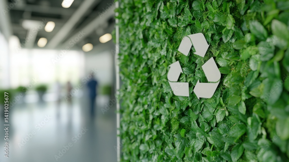 Eco-friendly building concept with green plants and a group of people in an office interior background
