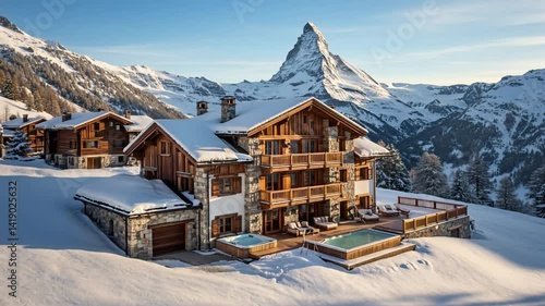 Stunning winter landscape featuring a mountain chalet in Zermatt with snow-covered surroundings and the Matterhorn in the background