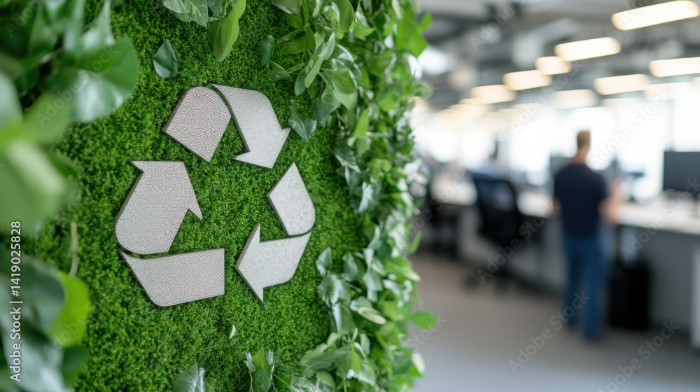 Eco-friendly building concept with green plants and a group of people in an office interior background
