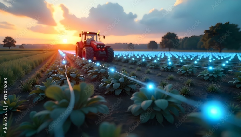Fototapeta premium A tractor on a field with a network of glowing blue lights connecting the plants, sunset in the background