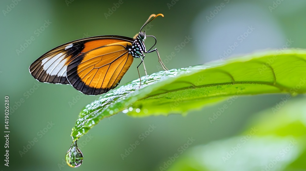 Fototapeta premium Exquisite close up photograph showcasing a single raindrop delicately perched on the intricate vibrant wing of a butterfly captured in stunning microscopic detail