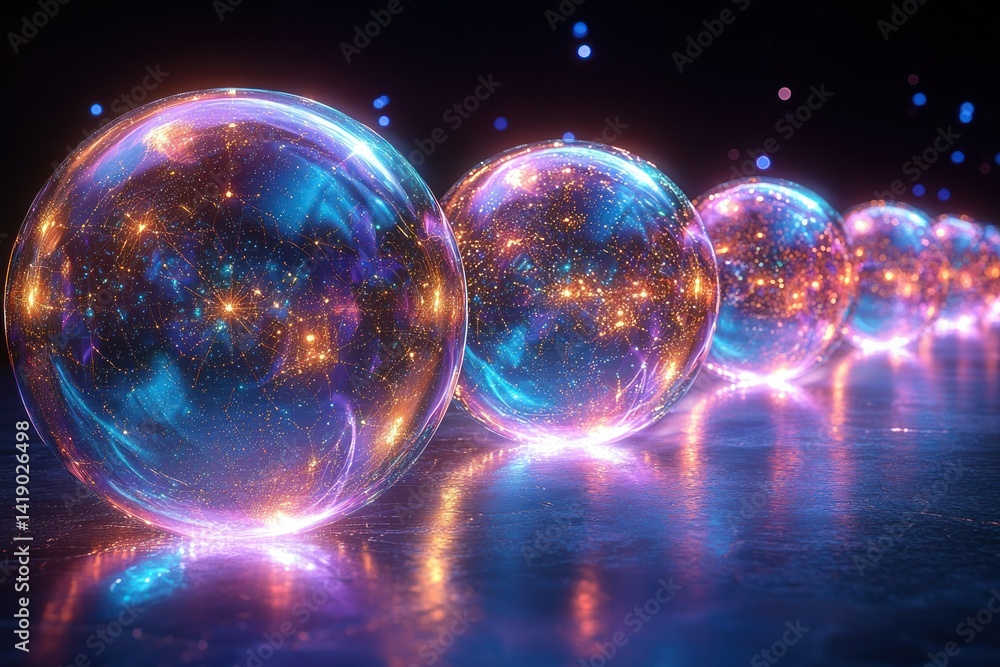 Radiant spheres in a glowing line. Intense, glowing orbs arranged in a parallel row on a reflective surface, emitting vibrant light Radiant spheres in a glowing line. Intense, glowing orbs arranged in a parallel row on a reflective surface, emitting vibrant light