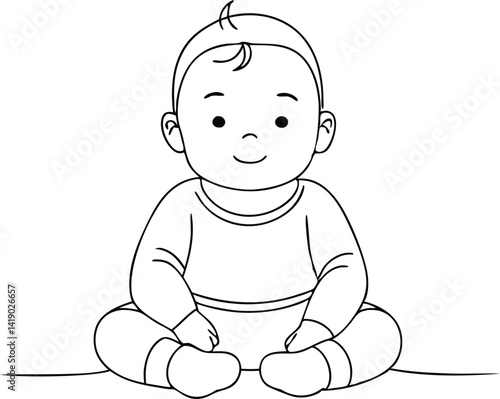 Line Art of Sitting Baby Outline Drawing of Infant Smiling, Asian Ethnicity, Simple Design