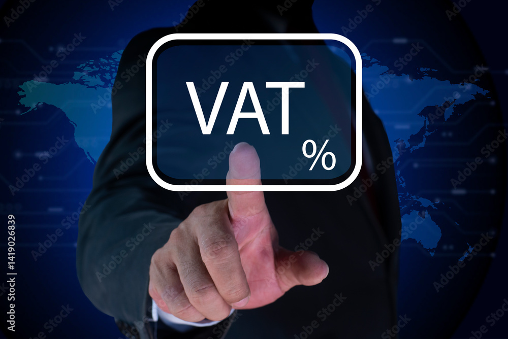 Businessman hand touching VAT on virtual screen. Concept of taxes payment optimisation business finance