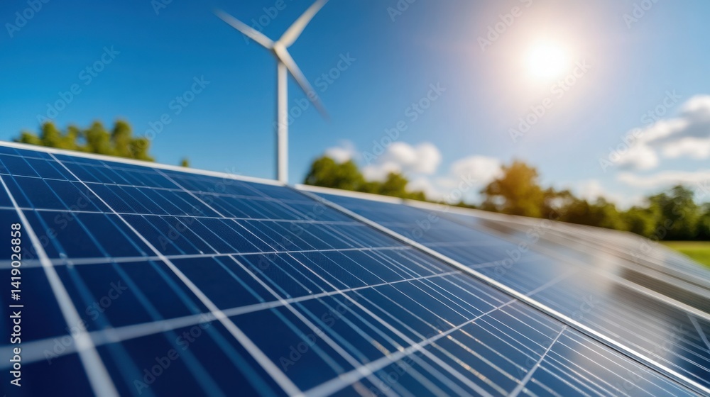 Wind turbine and solar panels with blue sky background