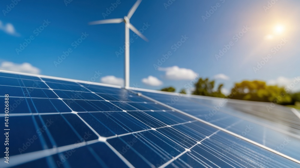 Wind turbine and solar panels with blue sky background
