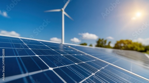 Obraz na płótnie Wind turbine and solar panels with blue sky background w salonie