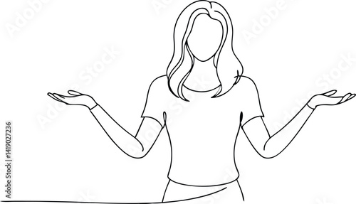 Minimalist Line Art Brunette Woman With Arms Out, Confused Expression, Isolated, White