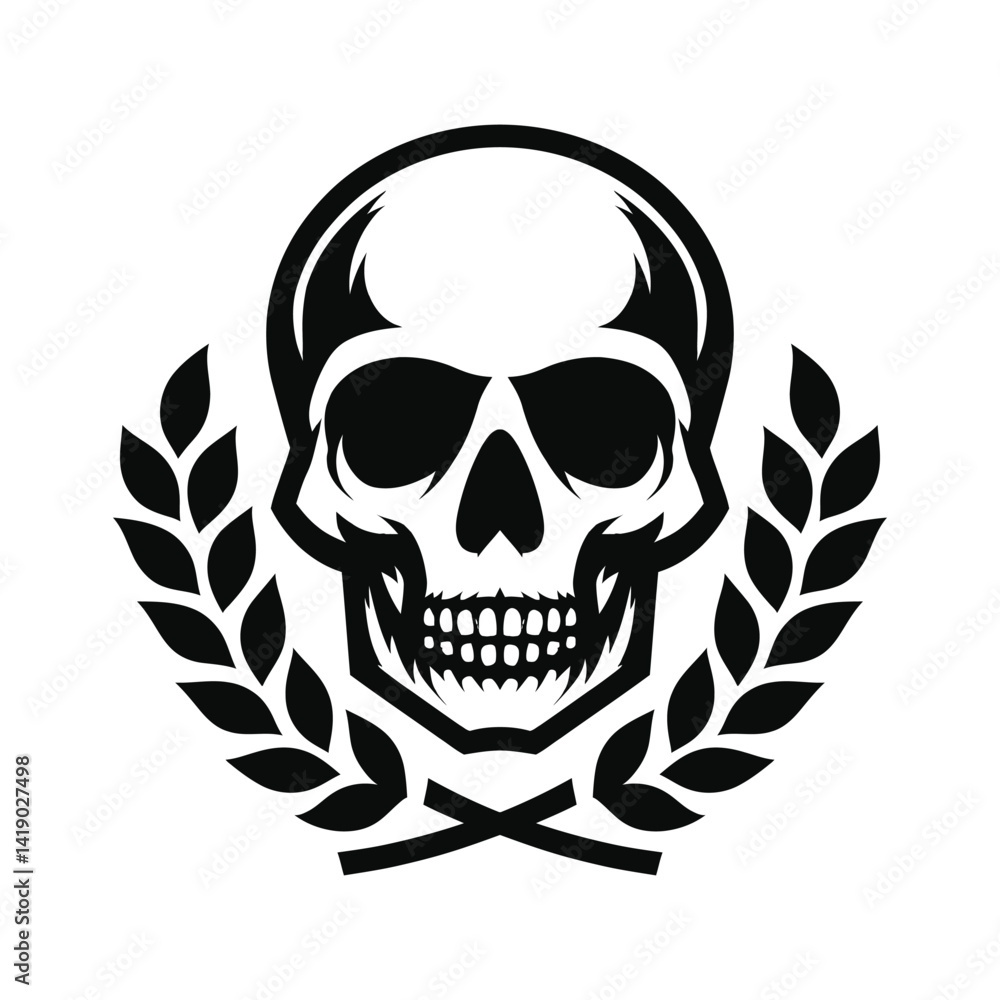 Skull with laurel wreath illustration in black and white design Skull with laurel wreath illustration in black and white design