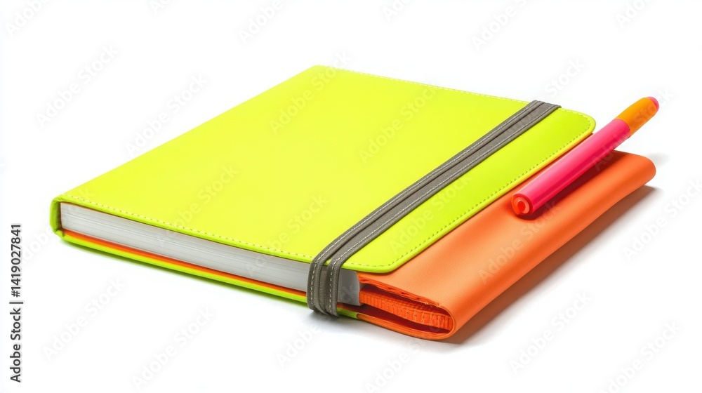 Notebook and highlighter set, isolated neatly against white backdrop. Notebook and highlighter set, isolated neatly against white backdrop.