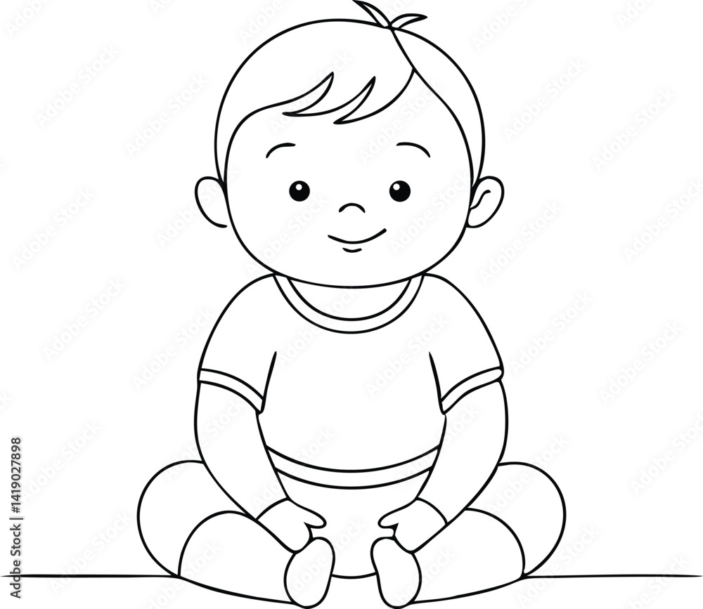 Outlined Smiling Baby Sitting with Crossed Legs in Diaper and Shirt Outlined Smiling Baby Sitting with Crossed Legs in Diaper and Shirt