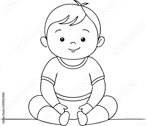 Outlined Smiling Baby Sitting with Crossed Legs in Diaper and Shirt