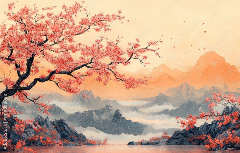 Cute Japanese Pattern Design Background Traditional Art New Year Celebration Crane Floral Cloud Kimono Calligraphy Vector