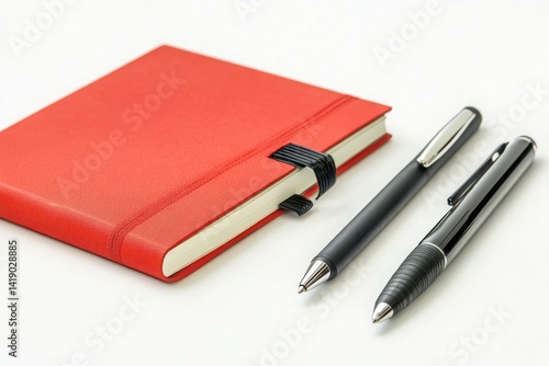 Wallpaper Mural Red leather journal and two black pens on white background Torontodigital.ca