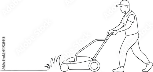 Minimalist Outline of Man Pushing Lawn Mower Cutting Grass, Single Line on White