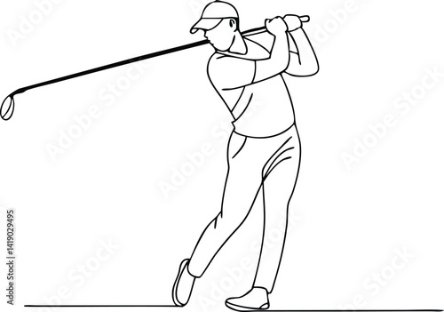 Minimalist Silhouette Man in Golf Swing Stance, Outlined Sporty Figure on White