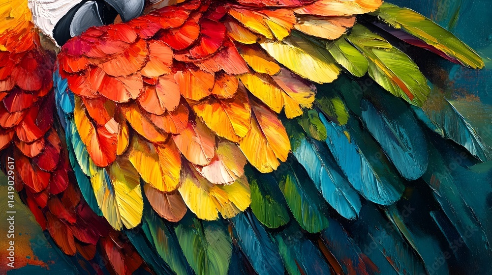 Fototapeta premium Vibrant and Colorful Parrot with Intricate Feather Plumage in Detailed Close up
