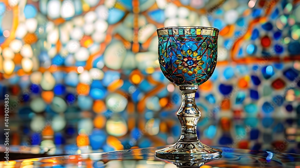 Colorful Stained Glass Goblet on Reflective Surface with Artistic Background Patterns