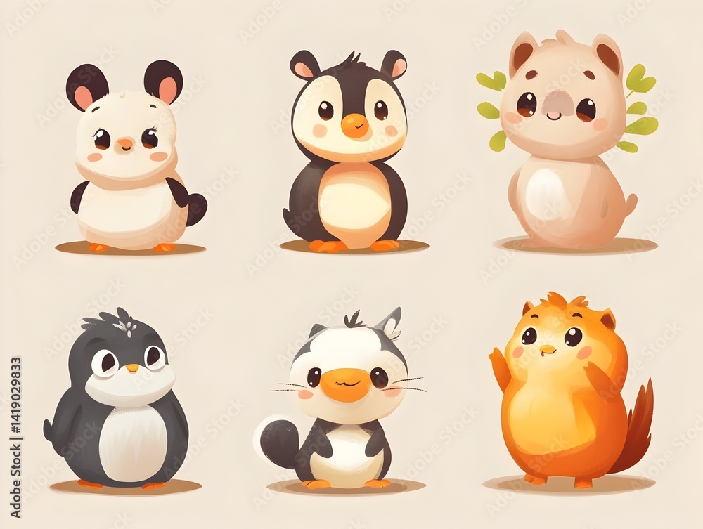 Naklejka premium Cute Cartoon Animal Characters in Various Playful Expressions