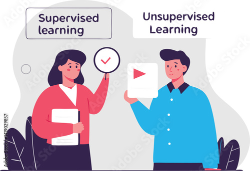 Flat Isometric Vector Concept of Supervised and Unsupervised Learning in Education

