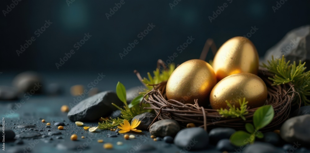 Naklejka premium Golden eggs nestled on dark shale, creating elegant Easter contrast , antique, decoration