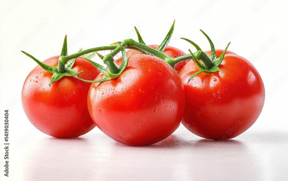 Fresh ripe red tomatoes with green stems isolated on white background bright and juicy vegetables studio lighting closeup healthy natural organic Fresh ripe red tomatoes with green stems isolated on white background bright and juicy vegetables studio lighting closeup healthy natural organic