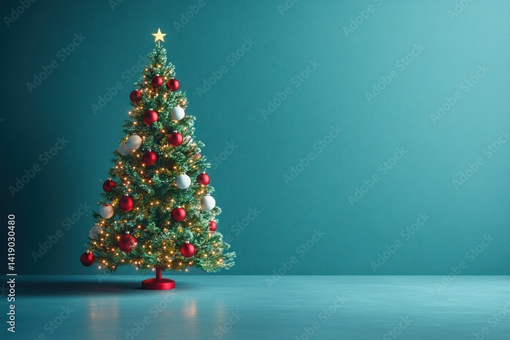 Minimalist Christmas tree with red and white ornaments and golden fairy lights on vibrant cyan background Minimalist Christmas tree with red and white ornaments and golden fairy lights on vibrant cyan background