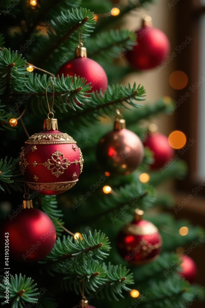 Ornate red and gold ornaments on twinkling evergreen branches, red, christmas Ornate red and gold ornaments on twinkling evergreen branches, red, christmas