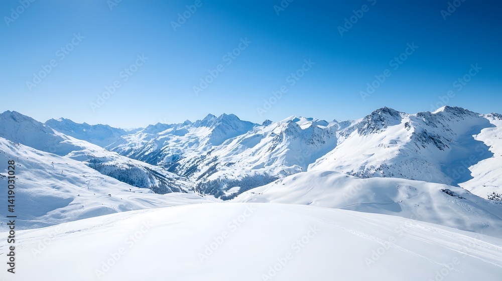 Breathtaking landscape of snow capped mountains reaching into a crystal clear azure sky creating a serene and captivating winter scene Breathtaking landscape of snow capped mountains reaching into a crystal clear azure sky creating a serene and captivating winter scene
