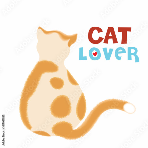 Minimalist Cat Art. Simple yet charming digital art featuring a cartoon style furry cat from behind with "Cat Lover" text in bold fonts ideal for cat themed designs or pet love products