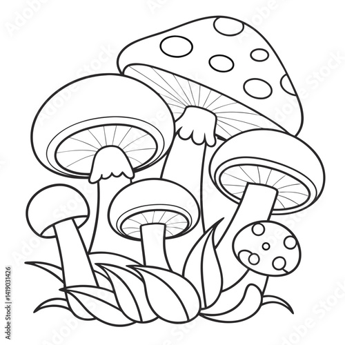 Cluster of Cartoon Mushrooms Outline