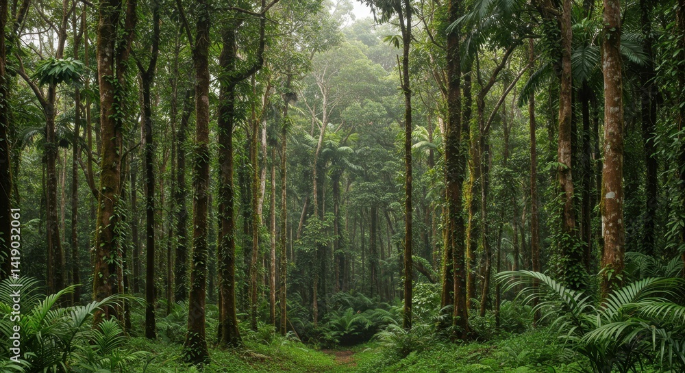 Lush Green Rainforest with Sunlight Dappled Path Lush Green Rainforest with Sunlight Dappled Path