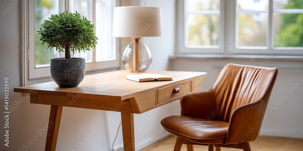 Wooden desk with a chair and a small plant Wooden desk with a chair and a small plant