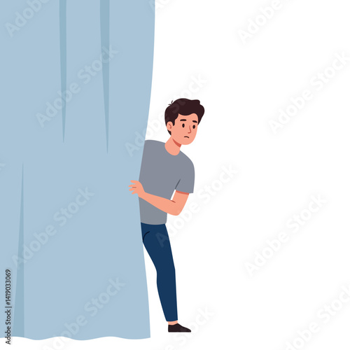 Young Man Peeking from Behind a Blue Curtain Illustration


