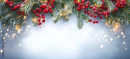 Christmas garland with red berries and green pine branches on frosty icy background with golden fairy lights minimalistic symmetrical composition soft focus bokeh lighting